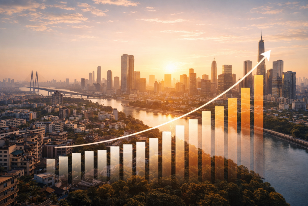 Rising property rates and booming real estate market in 2026 with modern residential and commercial buildings"
